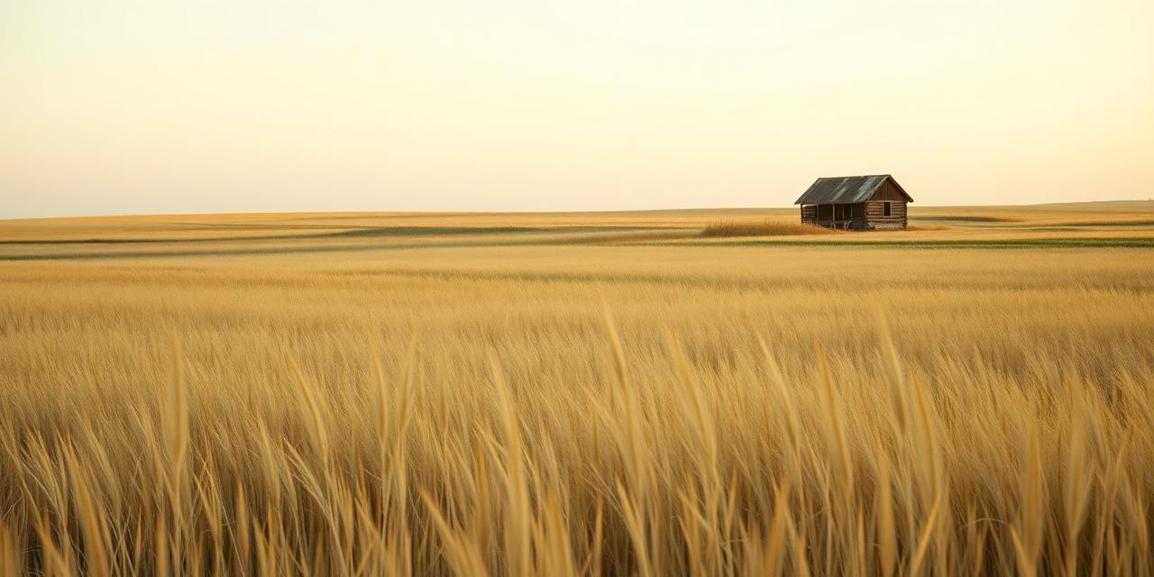 Golden prairie at dawn with a small log homestead cabin in the distance